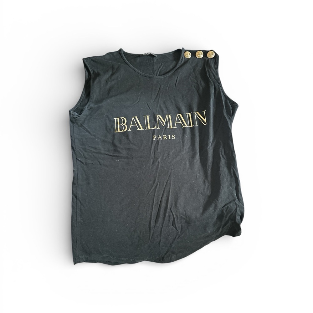 Balmain Black Muscle Tee with Gold Accents